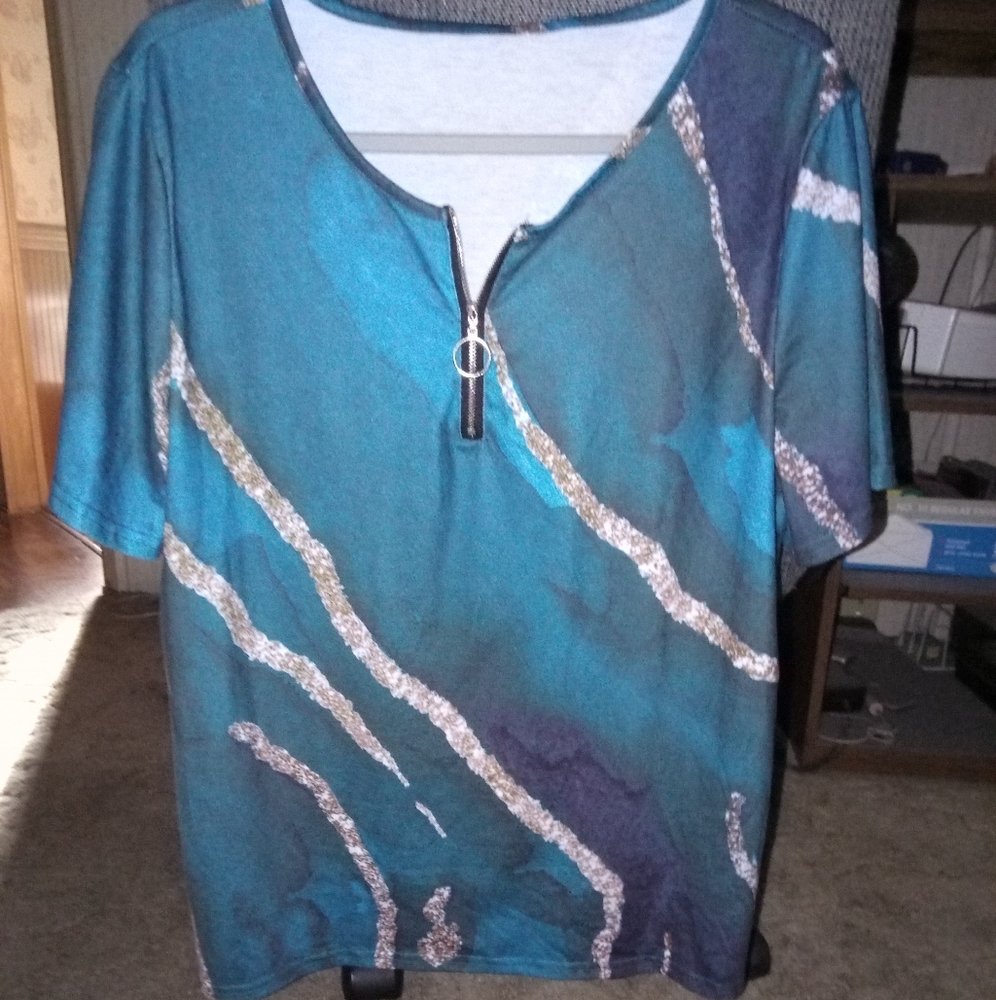 Teal and Silver Black Zip-Front Top